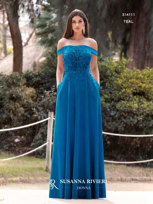 Μάξι φόρεμα με off-shoulder ντεκολτέ και κεντημένο μπούστο