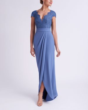 Dusty Blue Φόρεμα με Δαντελένιο Μπούστο & Ασύμμετρη Φούστα