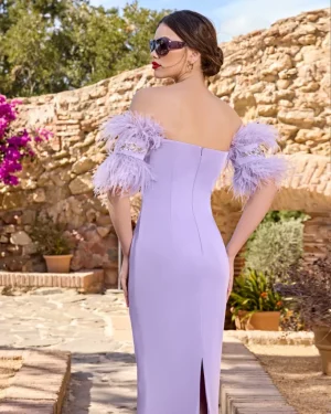 Λιλά Midi Φόρεμα με Φτερά και Στραπλες Λαιμόκοψη