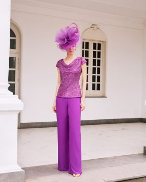 Couture Club 1G48 – Fuchsia Σετ Παντελόνα με Παγιέτα & Μακρύ Πανωφόρι