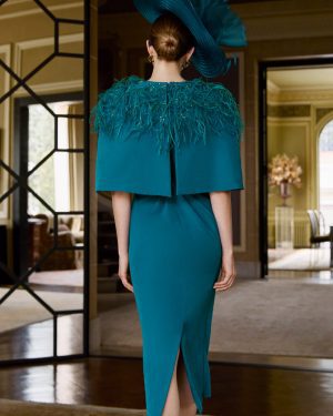 Couture Club 1G73 – Midi φόρεμα πετρόλ με draping και jacket με φτερά