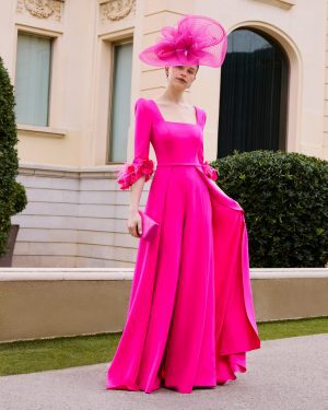 Couture Club 1GL5 – Φούξια φόρεμα με τετράγωνο ντεκολτέ και φλοράλ μανίκια