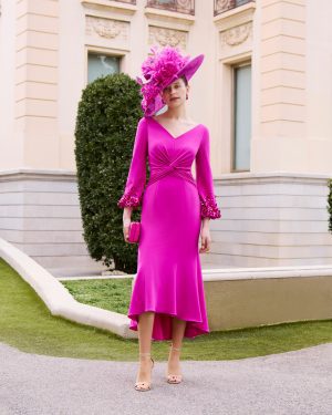 Couture Club 1GM3 – Φούξια μίντι φόρεμα με draping & 3D διακόσμηση στα μανίκια