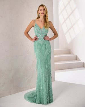 Rosa Clará Cocktail 1JF5 – Μέντα φόρεμα με παγιέτες και κάπα
