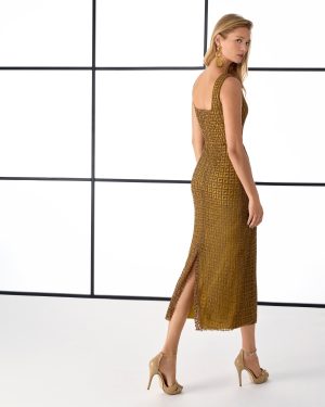 Aire Barcelona – 1TH6 Midi φόρεμα σε χρυσαφένια Jacquard υφή