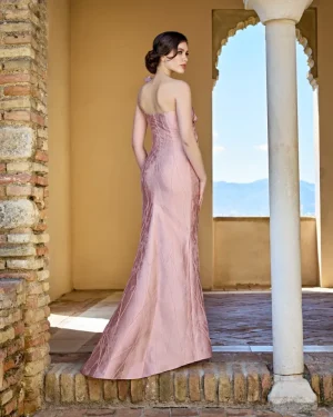 1260003 – One-shoulder jacquard φόρεμα με floral appliqués σε dusty rose