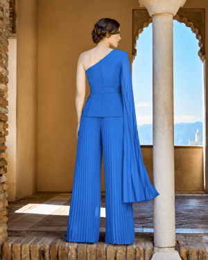 1260023 – Μπλε one shoulder σετ με πλισέ παντελόνα