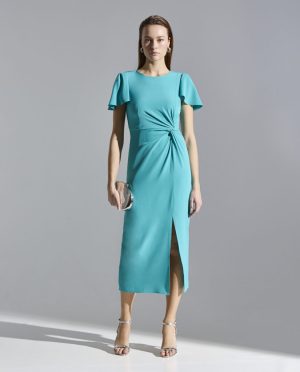 1260034 – Midi τιρκουάζ φόρεμα με draped λεπτομέρεια και σκίσιμο