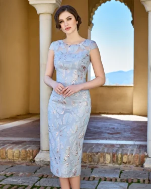 1260053 – Midi φόρεμα jacquard με σακάκι σε ice blue απόχρωση