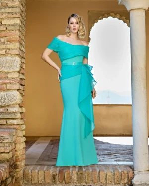 1260065 – Maxi τιρκουάζ φόρεμα off shoulder με draped λεπτομέρειες