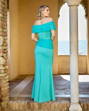 1260065 – Maxi τιρκουάζ φόρεμα off shoulder με draped λεπτομέρειες