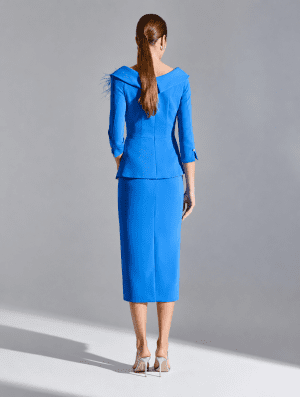 1260080A – Electric blue μίντι φόρεμα με structured peplum και feather λεπτομέρεια