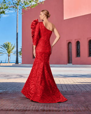 1261002 – Κόκκινο one-shoulder mermaid φόρεμα με ανάγλυφο floral jacquard και couture βολάν