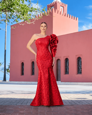 1261002 – Κόκκινο one-shoulder mermaid φόρεμα με ανάγλυφο floral jacquard και couture βολάν