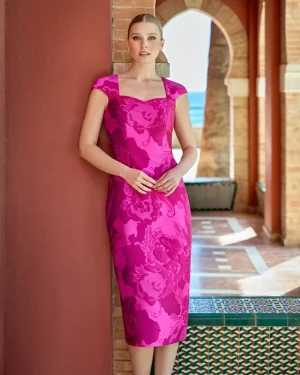 1261008 – Φούξια floral jacquard φόρεμα midi με structured σακάκι