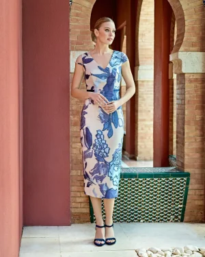 1261016 – Midi floral jacquard φόρεμα σε nude και navy αποχρώσεις με structured σακάκι