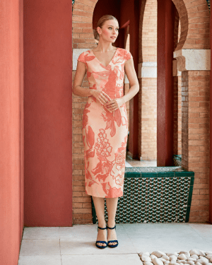 1261016 – Coral floral jacquard midi φόρεμα με structured σακάκι