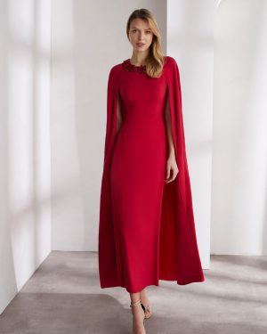 9T49 – Κόκκινο cape φόρεμα με embellished λαιμόκοψη